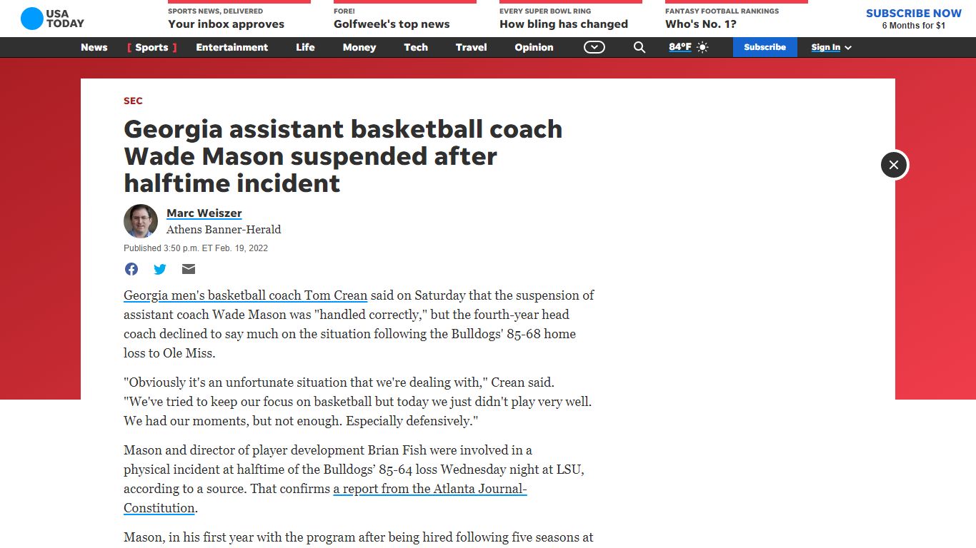 Wade Mason, Georgia assistant coach, suspended after halftime incident