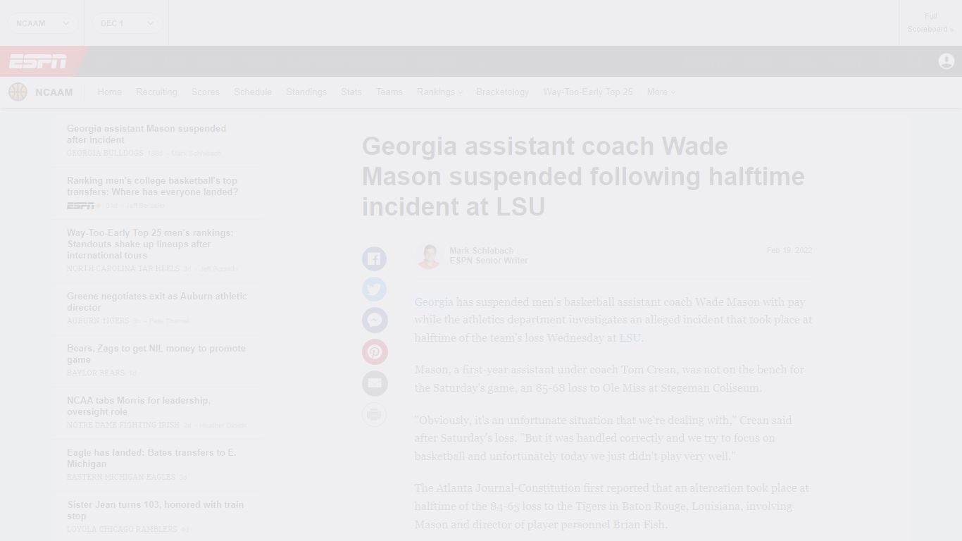 Georgia assistant coach Wade Mason suspended following halftime ...