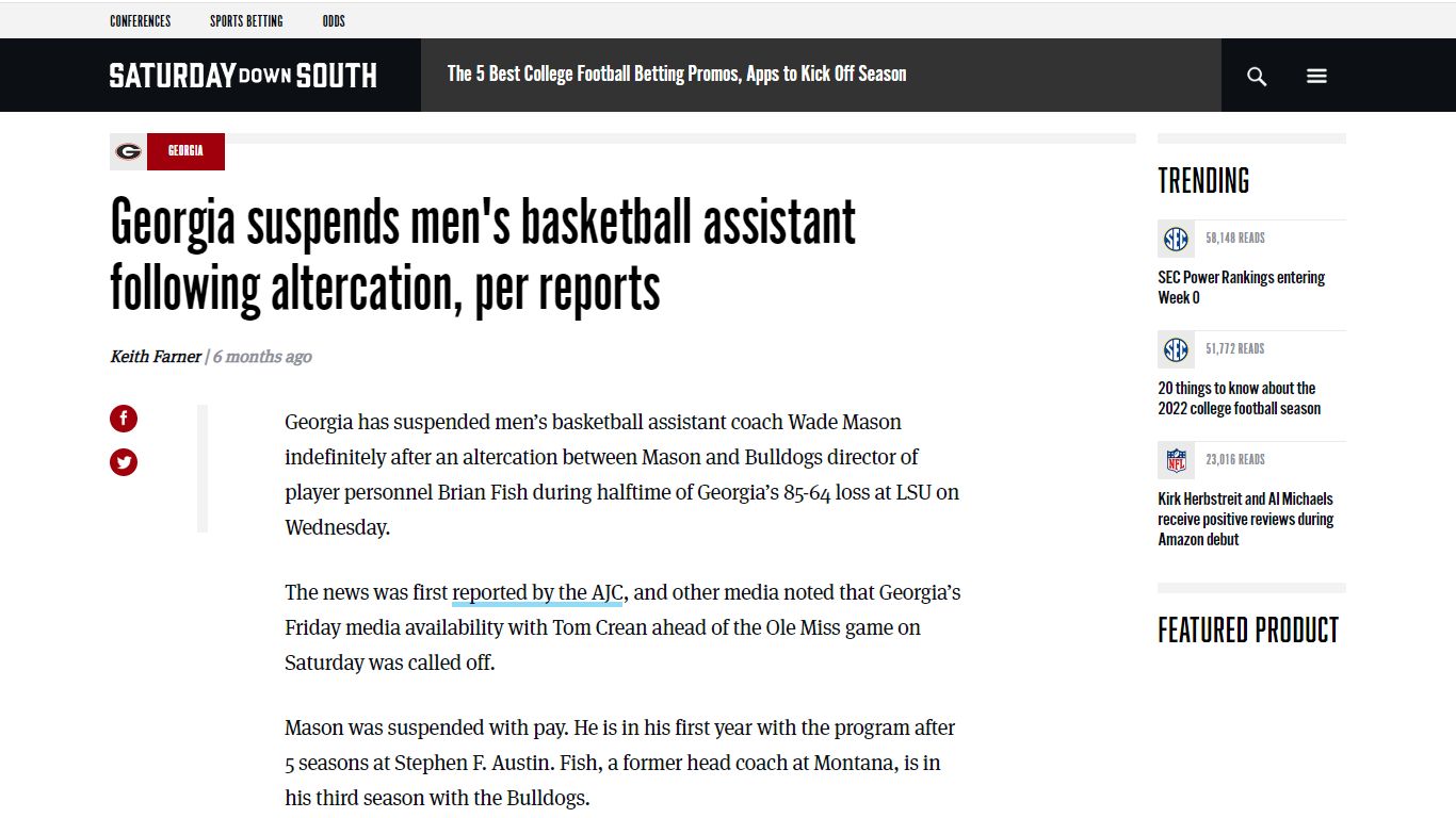 Georgia suspends men’s basketball assistant following altercation, per ...